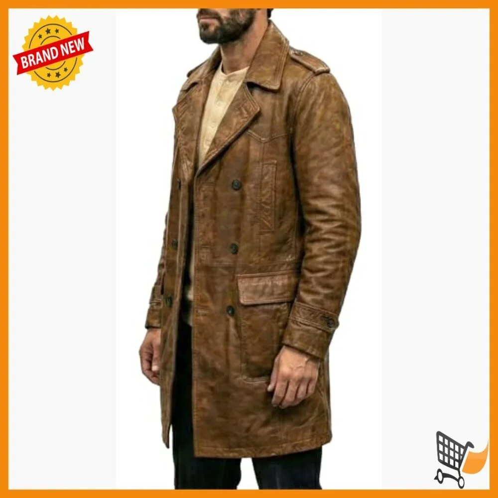 Men's Leather 3/4 Length Trench Coat Double Breasted Lapel Collar